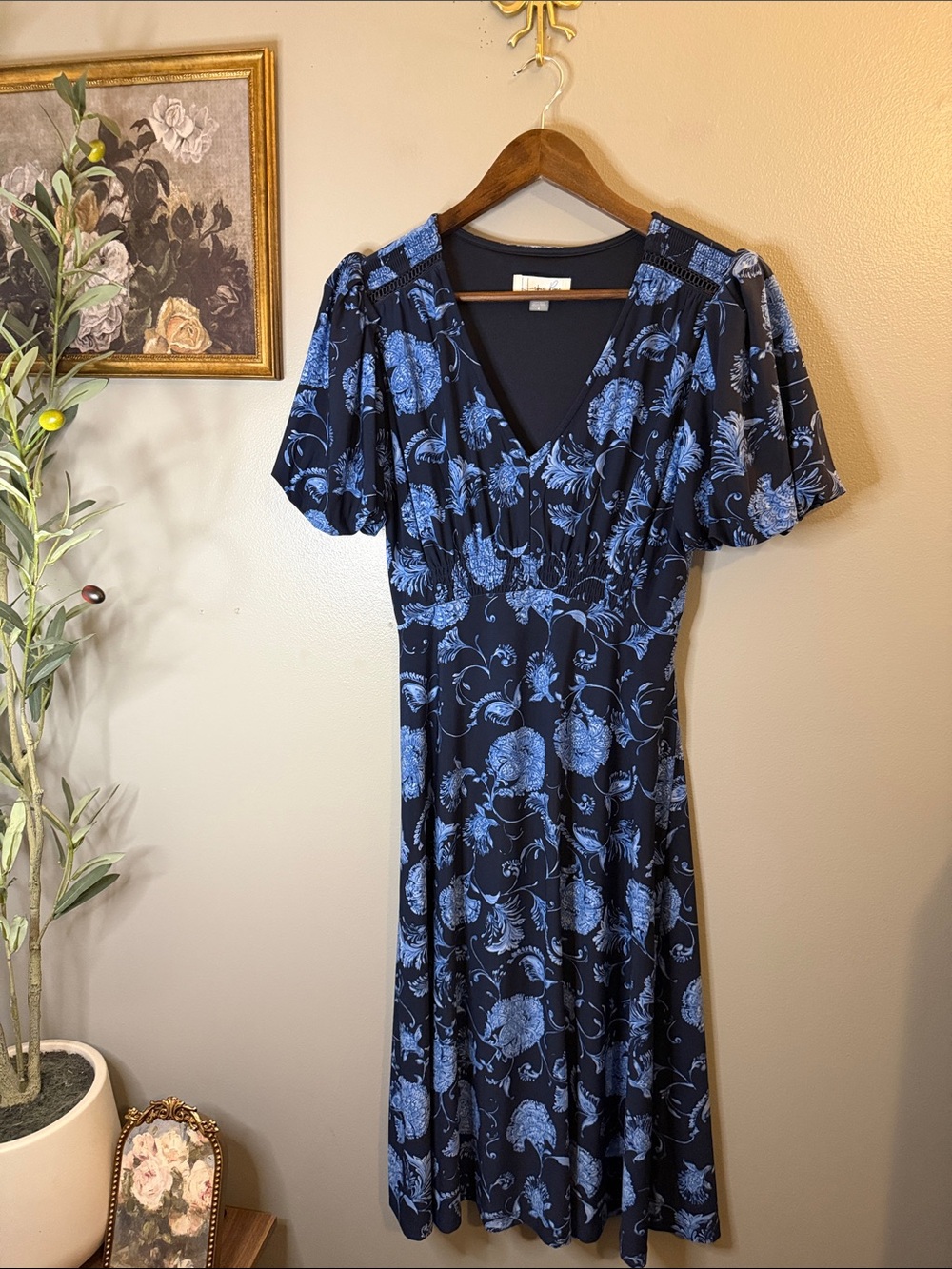 Harper Rose Blue Floral Midi Dress Size 4 Smocked Waist Puff Sleeve - Picture 2 of 9